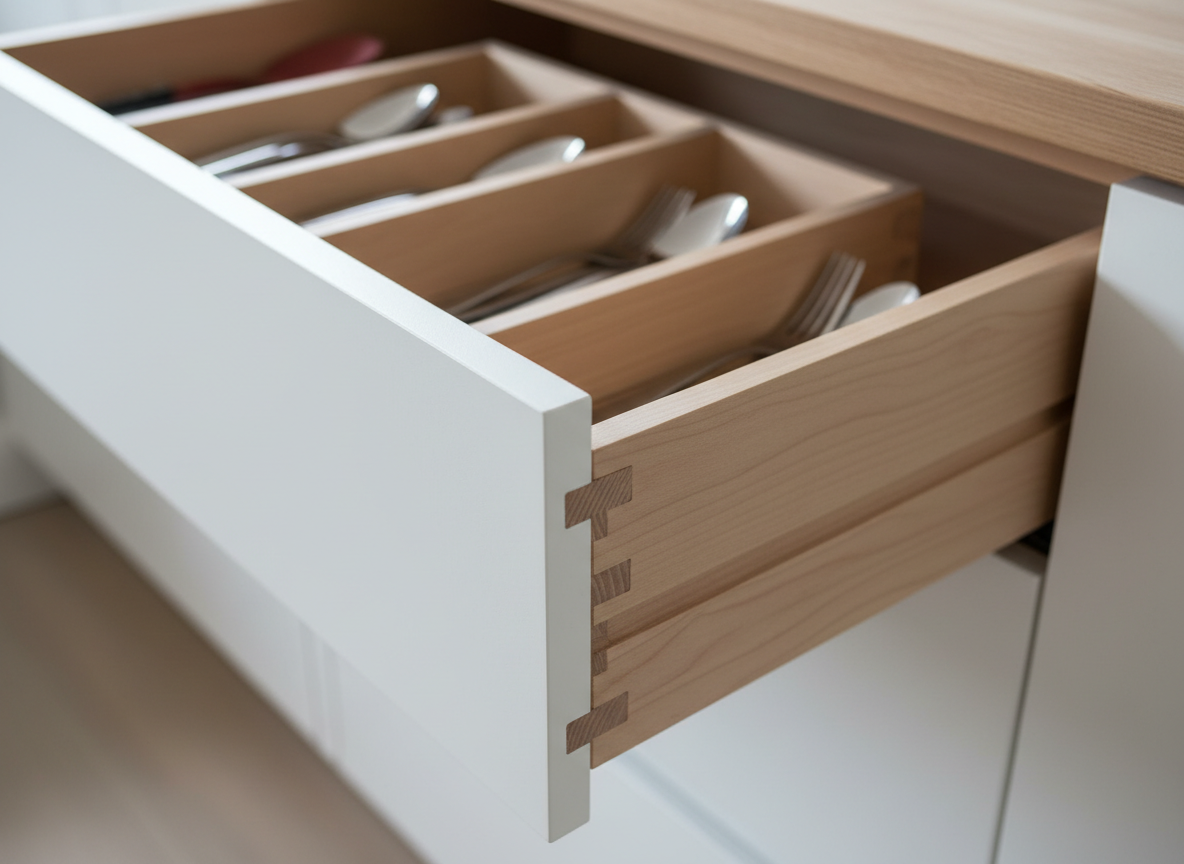 A close-up, detail-focused view of a custom-built kitchen drawer system in natural birch plywood, showcasing dovetail joints, smooth lacquer finish, and concealed soft-close hardware. The drawer is partially open within a matte white cabinet frame, revealing neatly organized wooden dividers for cutlery and utensils. Gentle, diffused daylight from an unseen window creates soft highlights along the edges of the joints and subtle shadows inside the compartments. Shot with a shallow depth of field from a three-quarter angle, the foreground joints are tack sharp while the back of the drawer softly blurs. The photographic style is crisp and modern, emphasizing precision, durability, and the quality of bespoke carpentry craftsmanship.