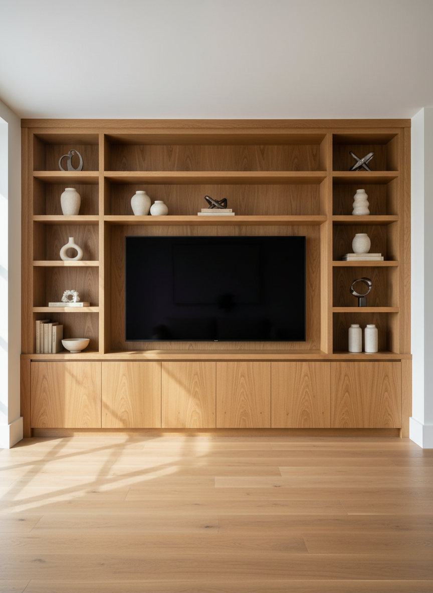 A custom floor-to-ceiling built-in storage unit combining open shelving and closed cabinets, crafted from matte-finished oak with rich, visible grain. The piece spans an entire living room wall, integrating a niche for a flat panel display and hidden push-to-open doors. The unit stands on a seamless wooden floor that matches the cabinetry tone, with a plain white ceiling and walls creating a clean backdrop. Soft afternoon natural light enters from the side, producing long, gentle shadows that accent the vertical and horizontal lines. Captured straight-on with symmetrical composition and full sharpness, the photographic image feels orderly, professional, and refined, showcasing high-end custom carpentry for multi-purpose storage solutions.
