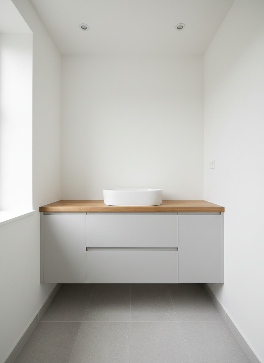A compact, custom-made bathroom cabinet system designed for a small space, featuring matte light-grey flat-panel doors and a natural oak countertop with an integrated under-mount sink. The cabinet is perfectly fitted between two walls, leaving no gaps, emphasizing precise measurements and tailored carpentry. Large-format, pale stone floor tiles extend beneath, and a simple white wall forms the backdrop. Overhead recessed lighting combines with soft reflected daylight to create a bright, clean ambiance with minimal shadows. Photographed from a slightly elevated, wide-angle perspective, the image highlights how the cabinetry optimizes storage and maximizes space. The realistic, modern style communicates functionality, efficiency, and professional custom carpentry tailored to bathrooms and compact interiors.