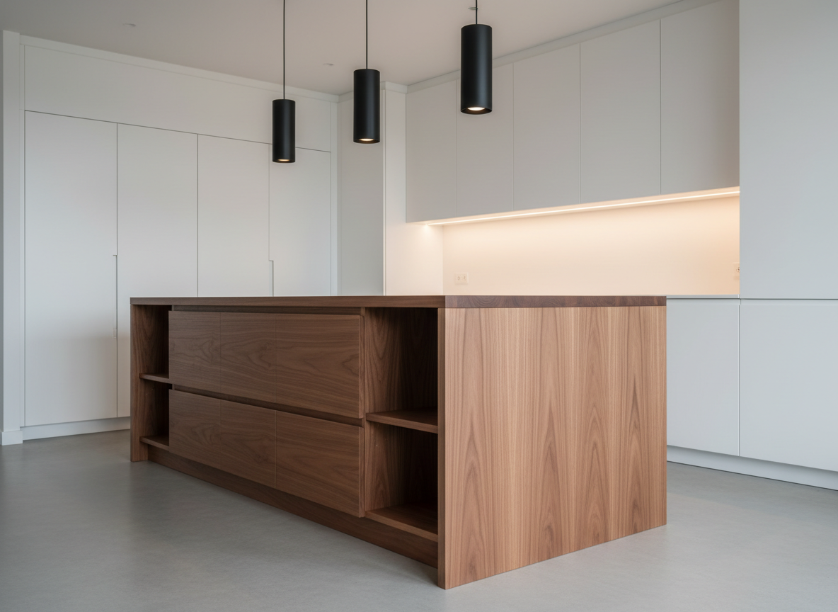A modern custom kitchen island crafted from warm walnut wood with a satin finish, featuring waterfall edges and precise 45-degree joints. The island sits centered on a matte concrete floor, surrounded by minimalistic, handle-less white cabinets in the background. Subtle under-cabinet LED lighting and a trio of black metal pendant lamps above create a balanced mix of warm and cool illumination, accentuating the smooth surfaces and fine wood texture. Captured from a slightly elevated angle, the focus is on the island’s craftsmanship and integrated storage details, while the background softly blurs. The photographic realism and clean composition convey a professional, sophisticated atmosphere, showcasing bespoke carpentry expertise for kitchens.